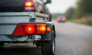 Släpvagnens bakljus lyser. Registreringsskyltens belysning är viktig för laglig körning.