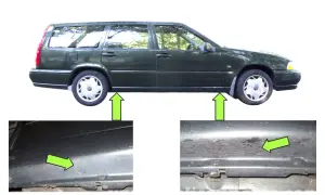Grön Volvo V70 med pilar som visar lyftpunkter. Detaljbilder visar var man ska placera domkraften.