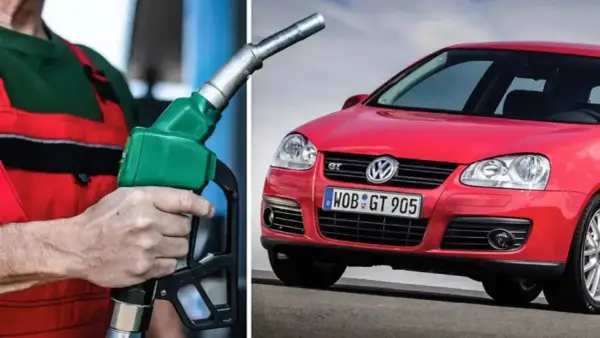 Tankar du din röda VW Golf med 98 oktan? En hand håller en bensinpump.