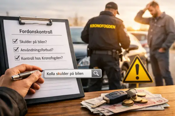 Kontroll av fordonets skulder hos Kronofogden. En lista visar "Skulder på bilen?", "Användningsförbud?" och "Kontroll hos Kronofogden?". En polis med texten KRONOFOGDEN interagerar med en bilförare.