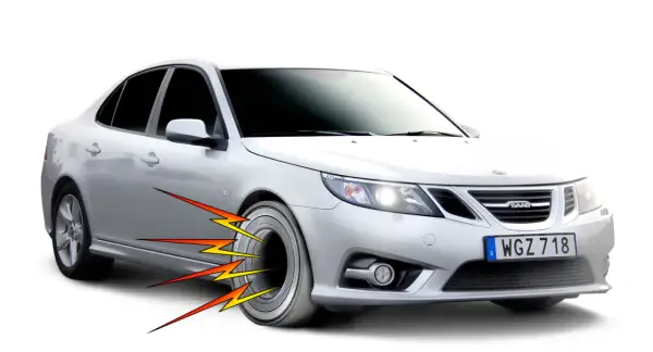 Silver Saab med blixtar som indikerar ett dåligt hjullager.