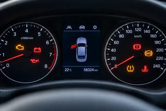 Varningslampa bil lyser för motor, batteri, oljetryck, däcktryck, ABS och bromsar. En dörr är öppen.
